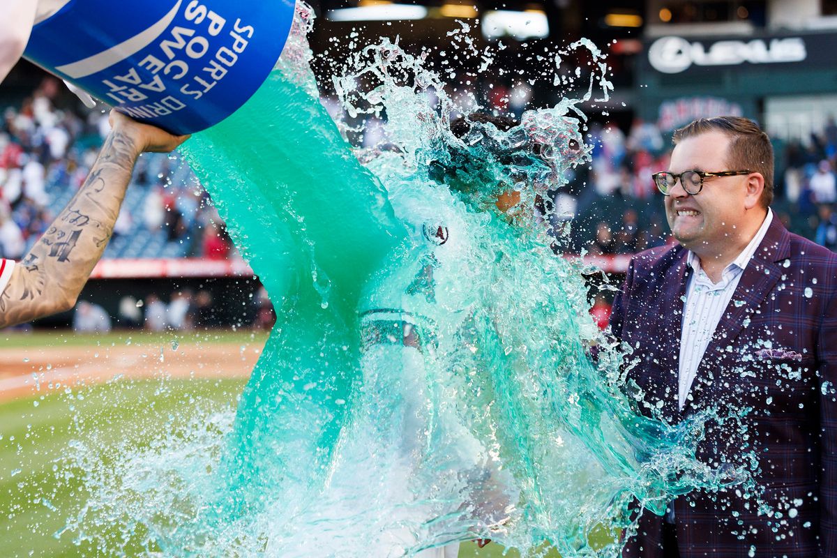 Oswald Peraza #2 of the Los Angeles Angels gets a Gatorade bath after the game against the Texas Rangers at Angel Stadium of Anaheim on May 24, 2026 in Anaheim, California. Oswald Peraza #2 of the Los Angeles Angels gets a Gatorade bath after the game against the Texas Rangers at Angel Stadium of Anaheim on May 24, 2026 in Anaheim, California.