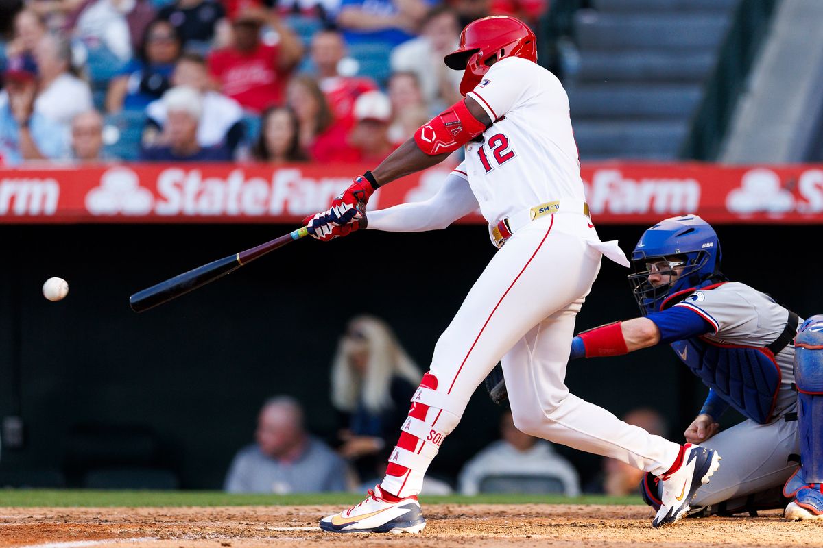 Jorge Soler #12 of the Los Angeles Angels hits during the ninth inning against the Texas Rangers at Angel Stadium of Anaheim on May 24, 2026 in Anaheim, California. Jorge Soler #12 of the Los Angeles Angels hits during the ninth inning against the Texas Rangers at Angel Stadium of Anaheim on May 24, 2026 in Anaheim, California.
