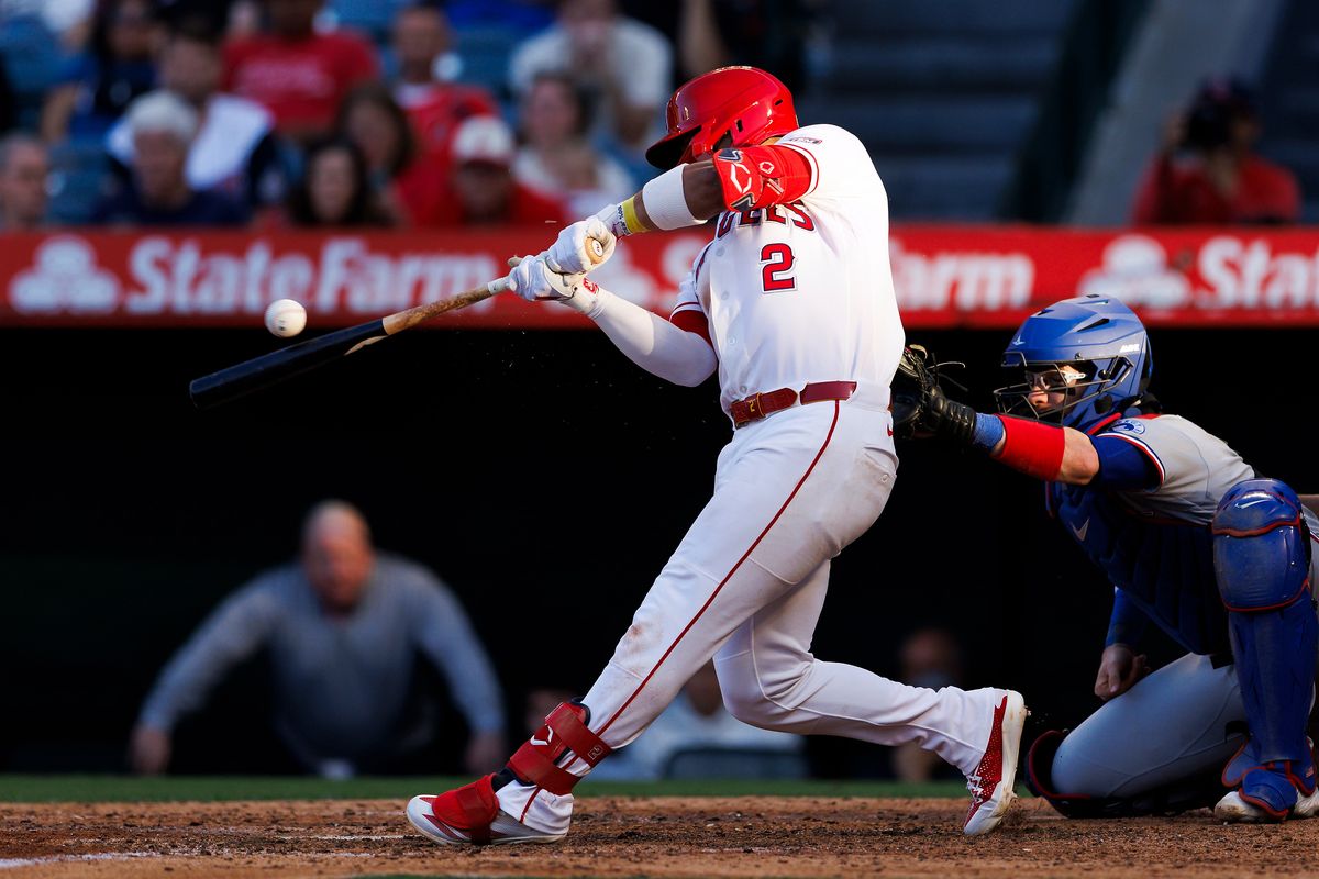 Oswald Peraza #2 of the Los Angeles Angels walk off single during the game against the Texas Rangers at Angel Stadium of Anaheim on May 24, 2026 in Anaheim, California. Oswald Peraza #2 of the Los Angeles Angels walk off single during the game against the Texas Rangers at Angel Stadium of Anaheim on May 24, 2026 in Anaheim, California.
