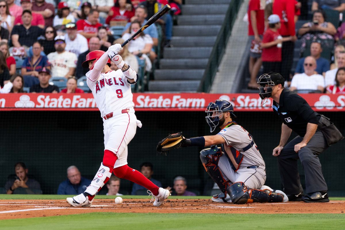 Los Angeles Angels infielder Zach Neto (9) takes an attempt at bat during the MLB game against the Houston Astros Monday June 8th, 2026 at Angel's Stadium in Anaheim, Calif. Los Angeles Angels infielder Zach Neto (9) takes an attempt at bat during the MLB game against the Houston Astros Monday June 8th, 2026 at Angel's Stadium in Anaheim, Calif.