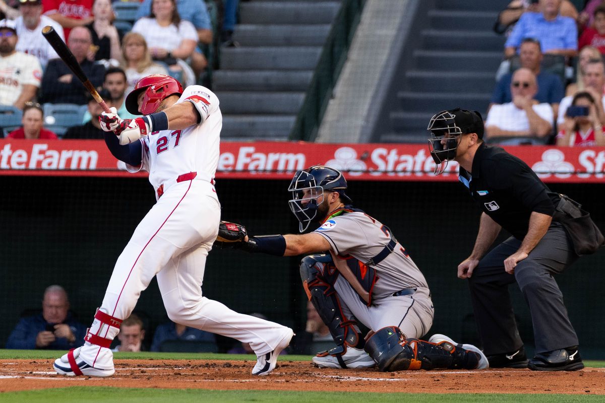 Los Angeles Angels outfielder Mike Trout (27) takes an attempt at bat during the MLB game against the Houston Astros Monday June 8th, 2026 at Angel's Stadium in Anaheim, Calif. Los Angeles Angels outfielder Mike Trout (27) takes an attempt at bat during the MLB game against the Houston Astros Monday June 8th, 2026 at Angel's Stadium in Anaheim, Calif.