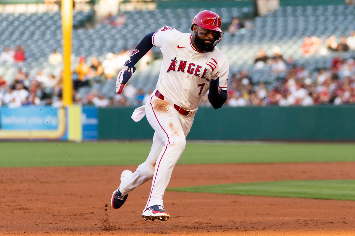 Los Angeles Angels outfielder Jo Adell (7) runs during the MLB game against the Houston Astros Monday June 8th, 2026 at Angel's Stadium in Anaheim, Calif. Los Angeles Angels outfielder Jo Adell (7) runs during the MLB game against the Houston Astros Monday June 8th, 2026 at Angel's Stadium in Anaheim, Calif.
