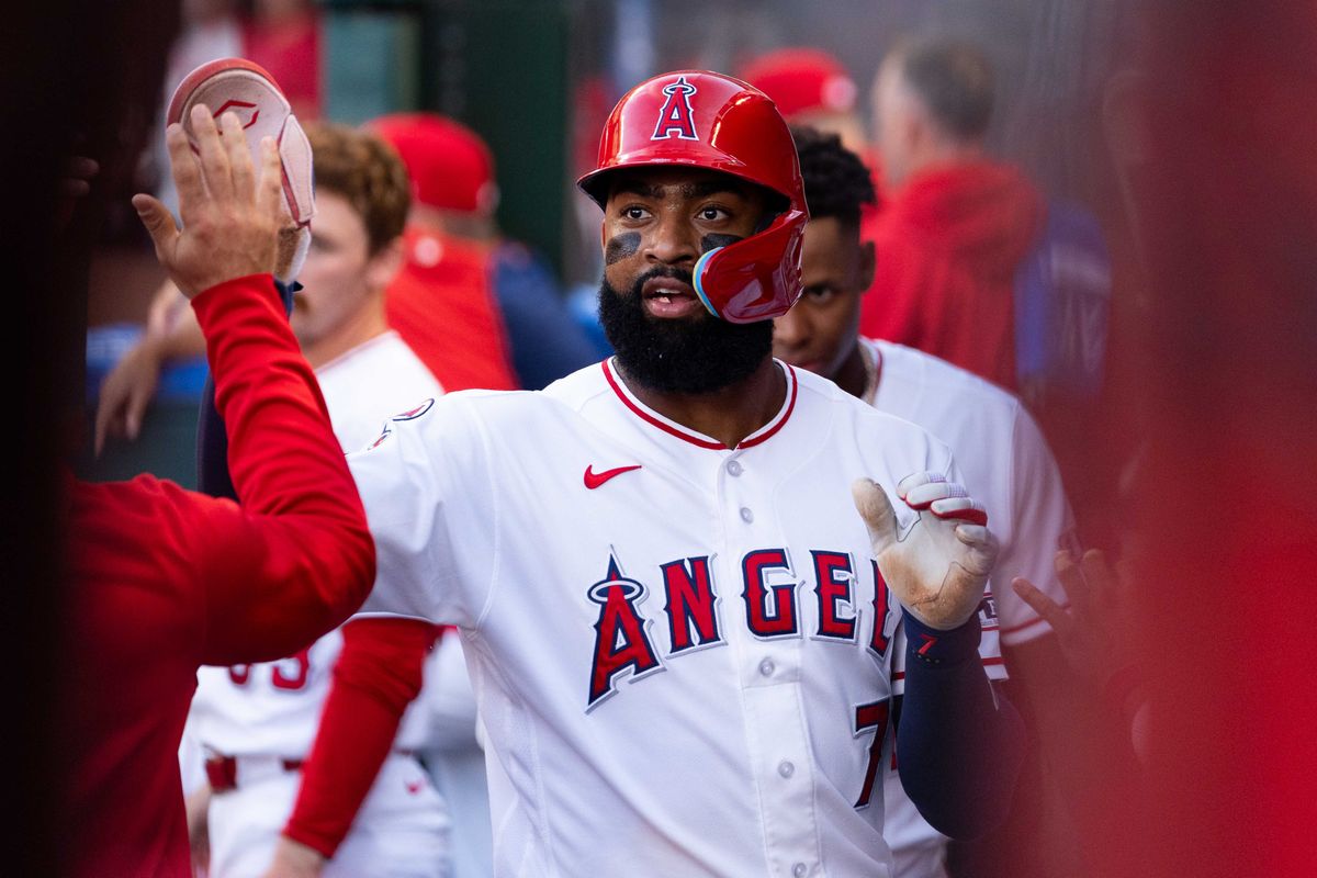 Los Angeles Angels outfielder Jo Adell (7) celebrates a home run during the MLB game against the Houston Astros Monday June 8th, 2026 at Angel's Stadium in Anaheim, Calif. Los Angeles Angels outfielder Jo Adell (7) celebrates a home run during the MLB game against the Houston Astros Monday June 8th, 2026 at Angel's Stadium in Anaheim, Calif.