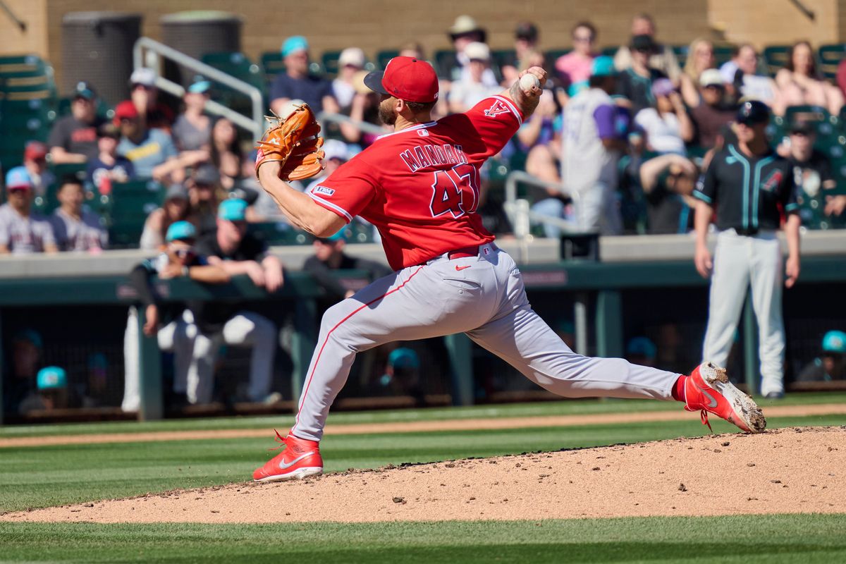 The Los Angeles Angels pitcher Alek Manoah (47) pitches the ball against The Arizona Diamondbacks ,February 22nd, 2026 in Scottsdale Arizona.