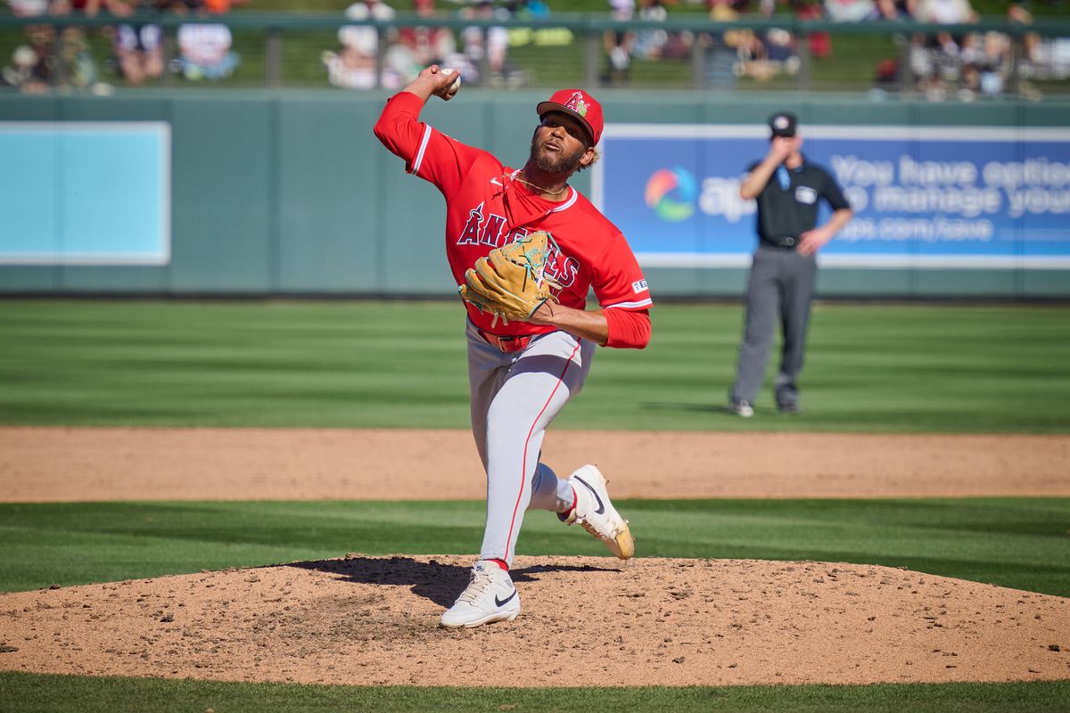 The Los Angeles Angels pitcher Walbert Ureña (57) pitches the ball against The Arizona Diamondbacks ,February 22nd, 2026 in Scottsdale Arizona.