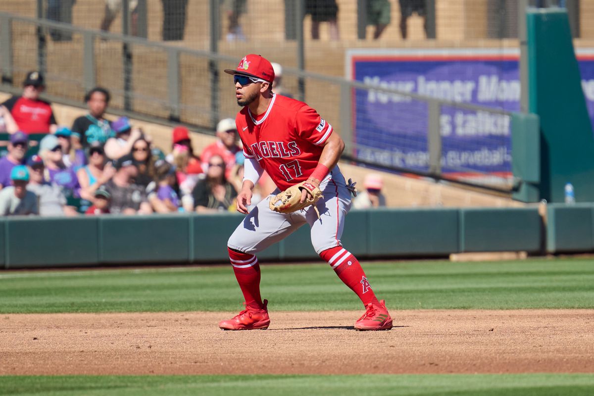 The Los Angeles Angels third baseman Oswald Peraza (17) on field against The Arizona Diamondbacks ,February 22nd, 2026 in Scottsdale Arizona.