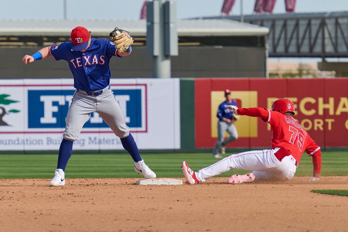 The Los Angeles Angels outfielder Raudi Rodriguez (79 slides into second against The Texas Rangers ,February 23rd, 2026 in Tempe Arizona. The Los Angeles Angels outfielder Raudi Rodriguez (79 slides into second against The Texas Rangers ,February 23rd, 2026 in Tempe Arizona.
