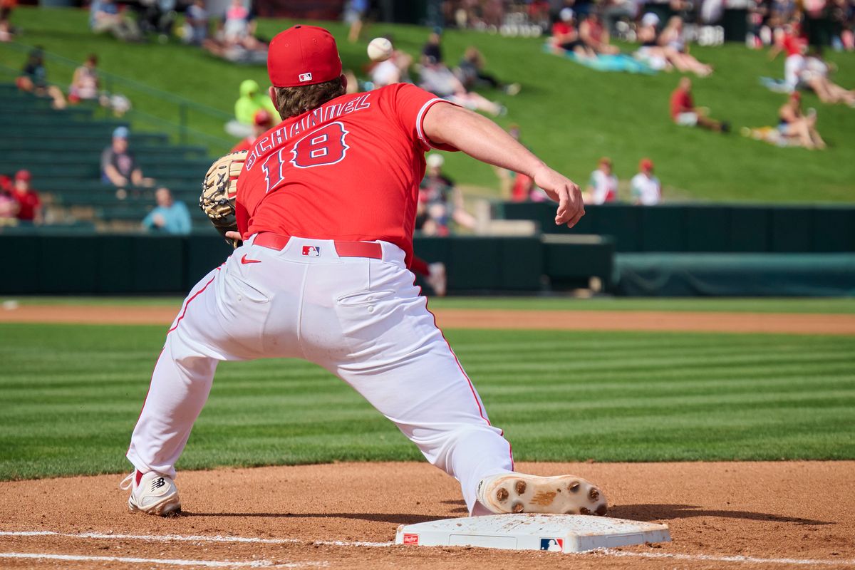 The Los Angeles Angels first baseman Nolan Schanuel (18) gets the out at first against The Texas Rangers ,February 23rd, 2026 in Tempe Arizona. The Los Angeles Angels first baseman Nolan Schanuel (18) gets the out at first against The Texas Rangers ,February 23rd, 2026 in Tempe Arizona.