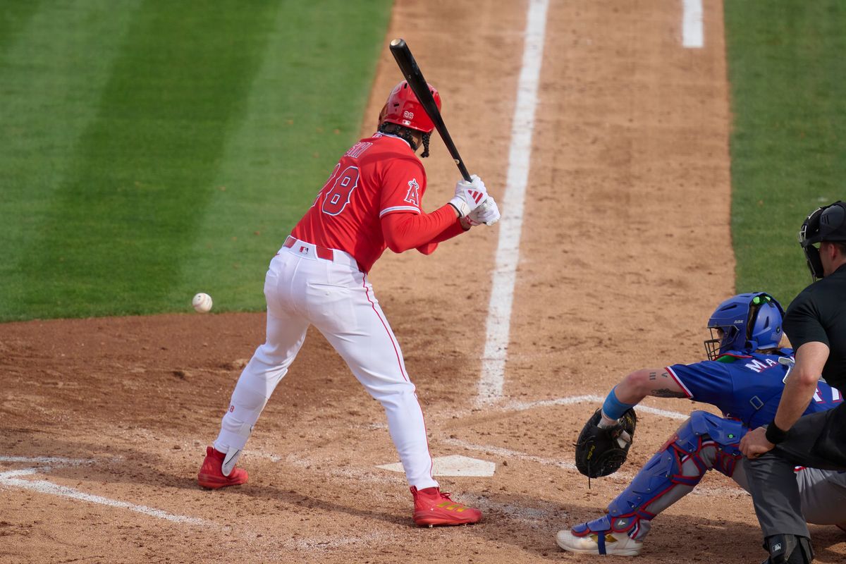 The Los Angeles Angels outfielder Jose Siri (28) at bat against The Texas Rangers ,February 23rd, 2026 in Tempe Arizona. The Los Angeles Angels outfielder Jose Siri (28) at bat against The Texas Rangers ,February 23rd, 2026 in Tempe Arizona.