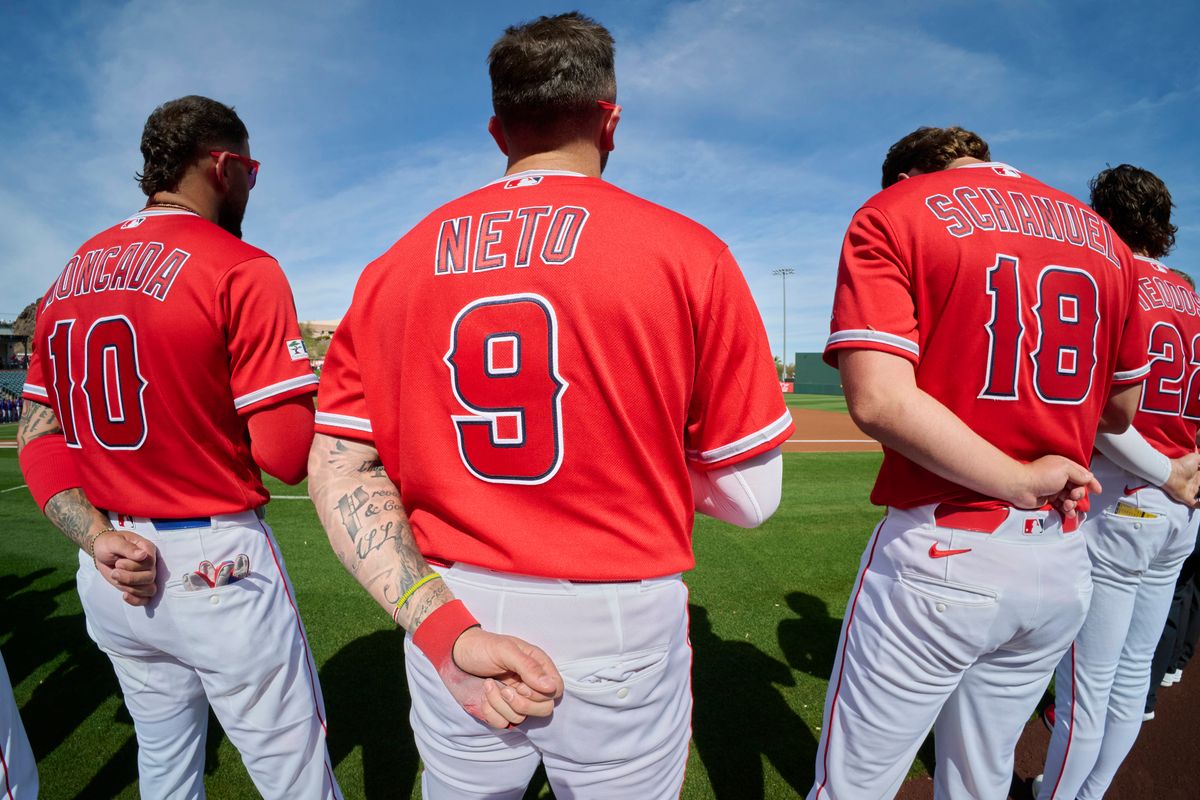 The Los Angeles Angels third Baseman Yoán Moncada (10) short stop Zach Neto (9) and first basemen Nolan Schanuel (18) are part of the starting line up against The Texas Rangers ,February 23rd, 2026 in Tempe Arizona. The Los Angeles Angels third Baseman Yoán Moncada (10) short stop Zach Neto (9) and first basemen Nolan Schanuel (18) are part of the starting line up against The Texas Rangers ,February 23rd, 2026 in Tempe Arizona.
