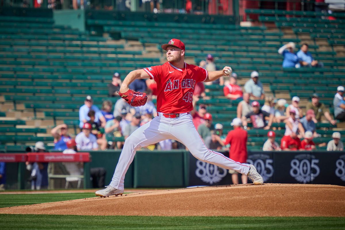 The Los Angeles Angels pitcher Reid Detmers (48) pitches against The Texas Rangers ,February 23rd, 2026 in Tempe Arizona. The Los Angeles Angels pitcher Reid Detmers (48) pitches against The Texas Rangers ,February 23rd, 2026 in Tempe Arizona.
