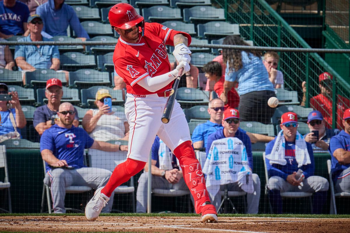 The Los Angeles Angels short stop Zach Neto (9) bat’s against The Texas Rangers ,February 23rd, 2026 in Tempe Arizona. The Los Angeles Angels short stop Zach Neto (9) bat’s against The Texas Rangers ,February 23rd, 2026 in Tempe Arizona.