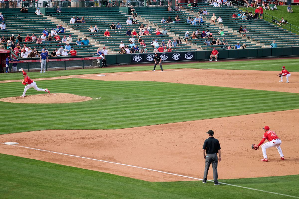 The Los Angeles Angels play the field against The Texas Rangers ,February 23rd, 2026 in Tempe Arizona. The Los Angeles Angels play the field against The Texas Rangers ,February 23rd, 2026 in Tempe Arizona.