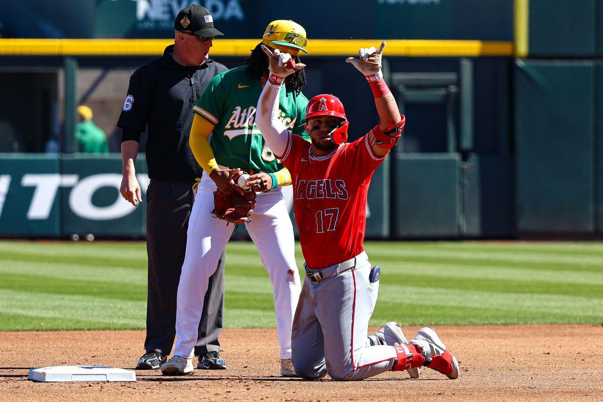 Los Angeles Angels INF Oswald Peraza (17) reacts after hitting a double against the Athletics on Sunday March 8, 2026, in Las Vegas, Nevada. Los Angeles Angels INF Oswald Peraza (17) reacts after hitting a double against the Athletics on Sunday March 8, 2026, in Las Vegas, Nevada.