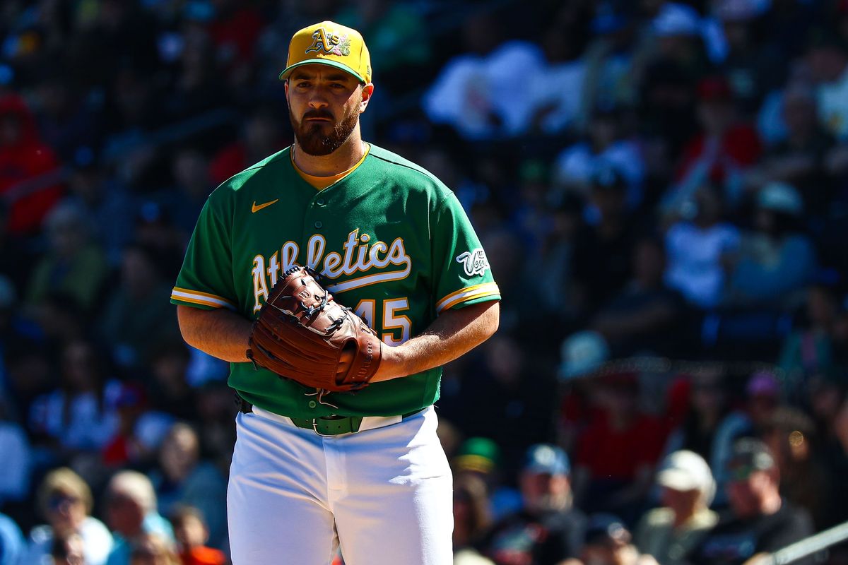 Athletics RHP Aaron Civale (45) starts against the Los Angeles Angels on Sunday March 8, 2026, in Las Vegas, Nevada. Athletics RHP Aaron Civale (45) starts against the Los Angeles Angels on Sunday March 8, 2026, in Las Vegas, Nevada.