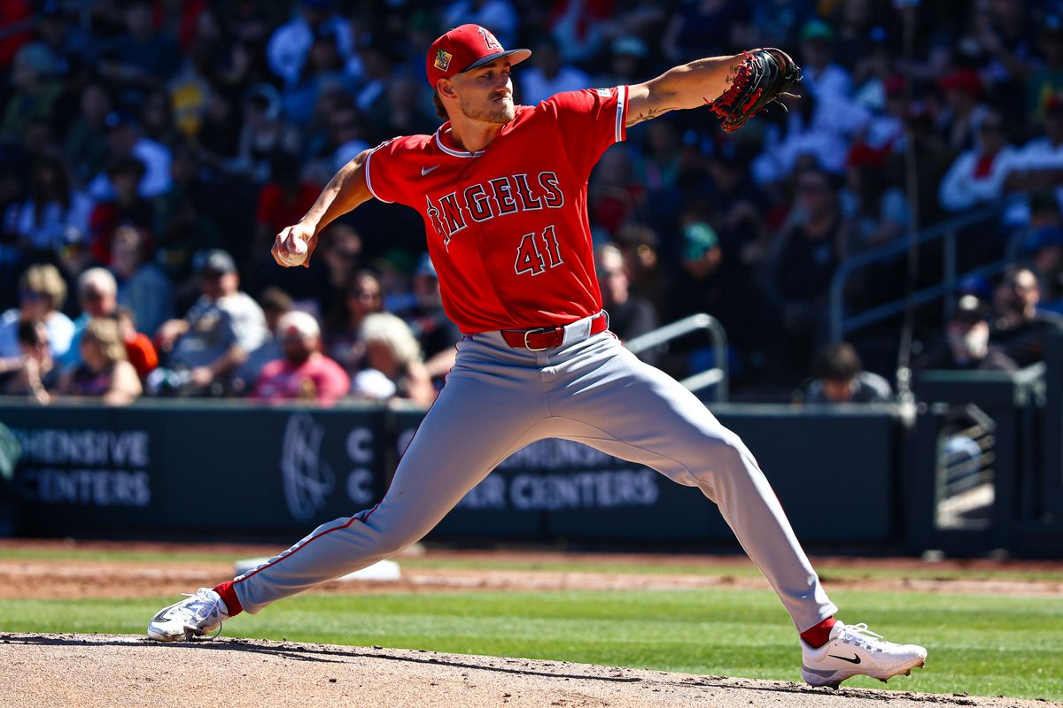 Los Angeles Angels RHP Jack Kochanowicz (41) throws a pitch against the Athletics on Sunday March 8, 2026, in Las Vegas, Nevada. Los Angeles Angels RHP Jack Kochanowicz (41) throws a pitch against the Athletics on Sunday March 8, 2026, in Las Vegas, Nevada.