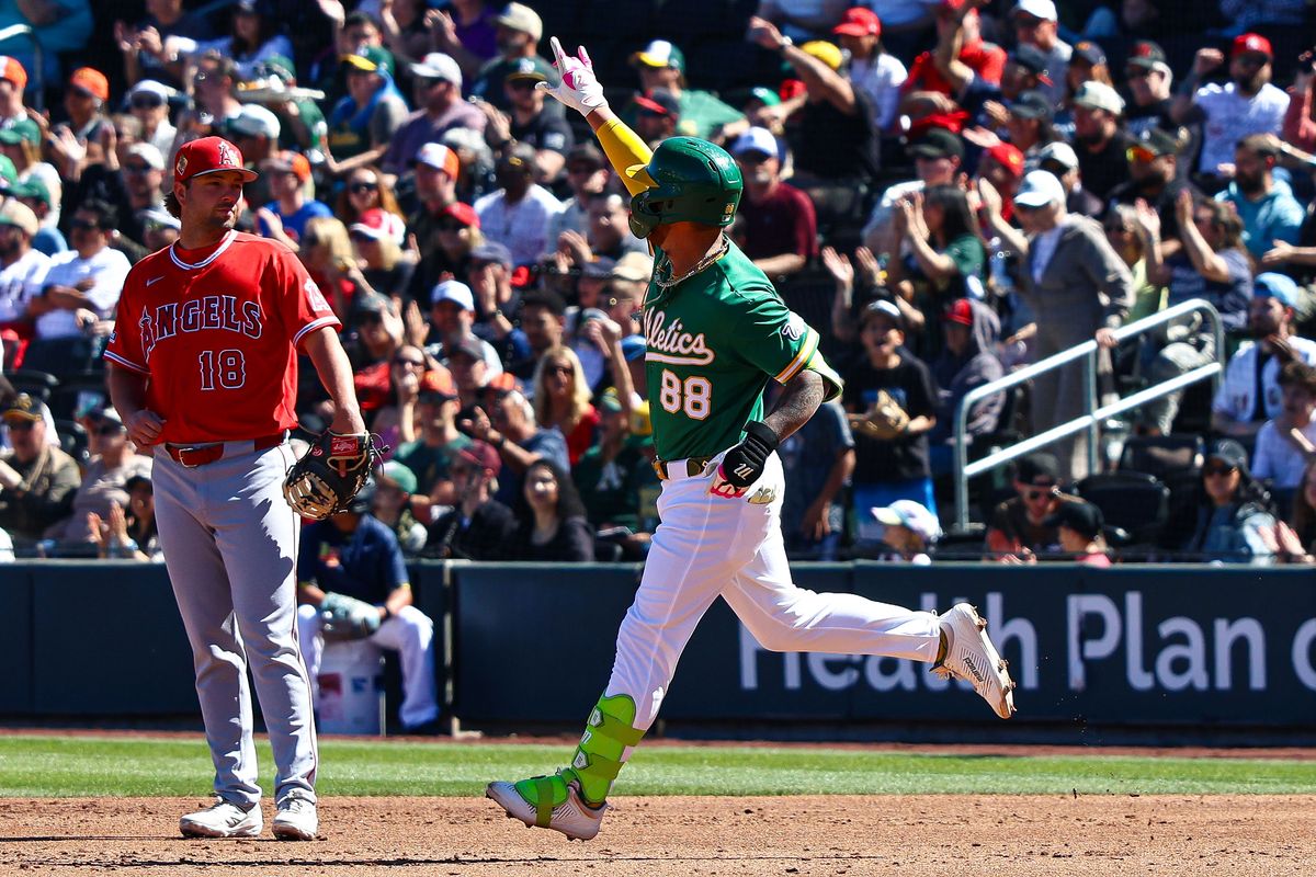 Athletics INF Tommy White (88) points towards the bullpen after hitting a home run against the Los Angeles Angels on Sunday March 8, 2026, in Las Vegas, Nevada. Athletics INF Tommy White (88) points towards the bullpen after hitting a home run against the Los Angeles Angels on Sunday March 8, 2026, in Las Vegas, Nevada.