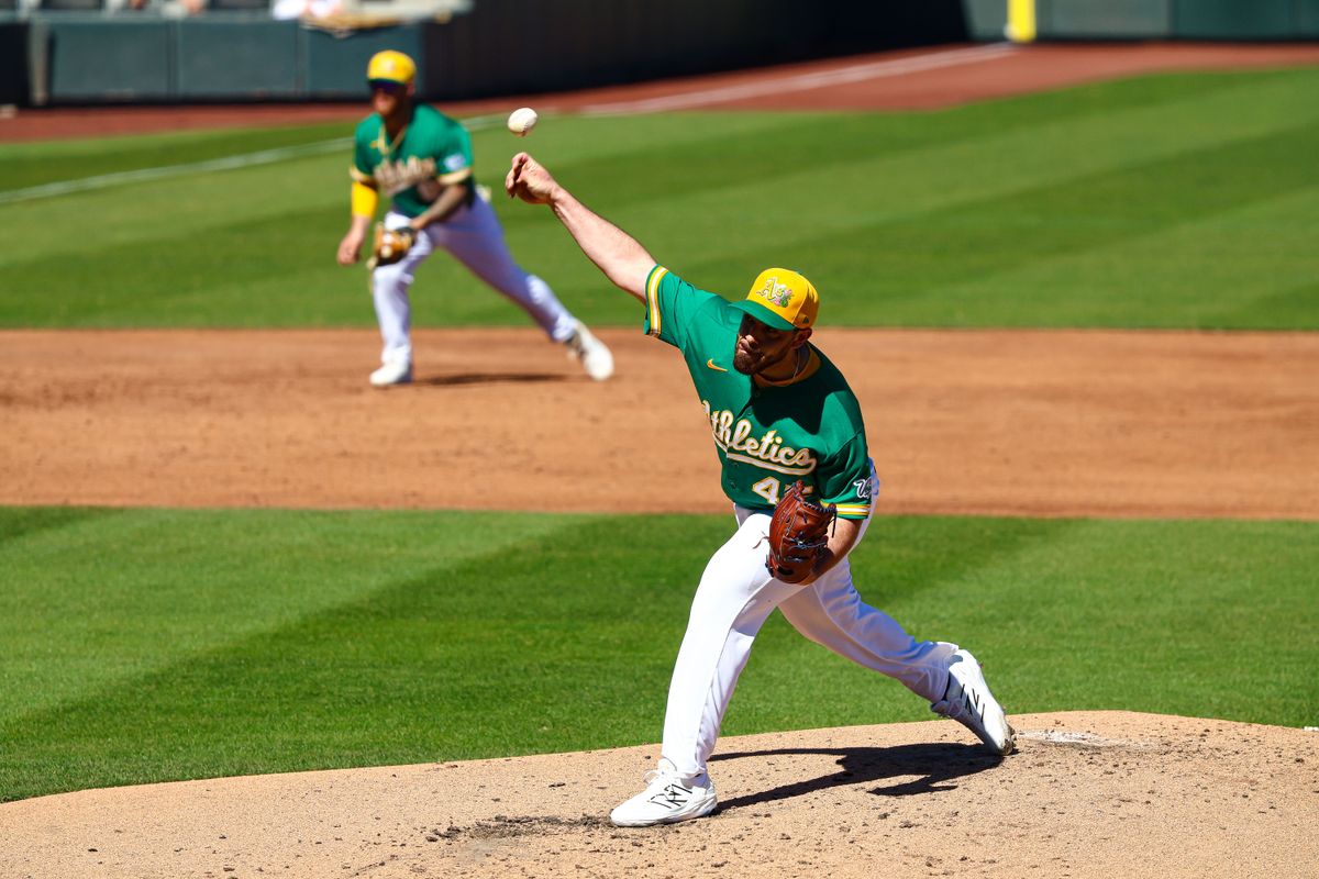 Athletics RHP Aaron Civale (45) throws a pitch against the Los Angeles Angels on Sunday March 8, 2026, in Las Vegas, Nevada. Athletics RHP Aaron Civale (45) throws a pitch against the Los Angeles Angels on Sunday March 8, 2026, in Las Vegas, Nevada.