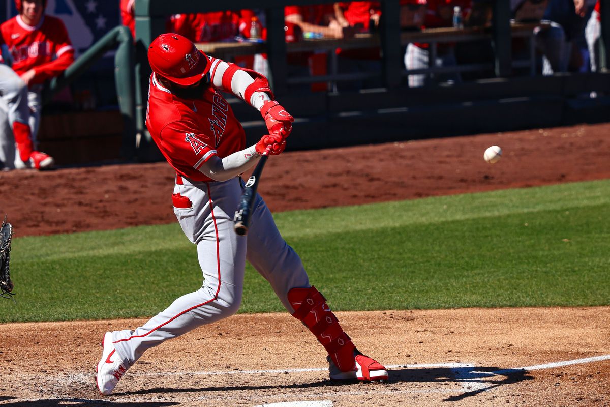 Los Angeles Angels OF Jo Adell (7) hits a double against the Athletics on Sunday March 8, 2026, in Las Vegas, Nevada. Los Angeles Angels OF Jo Adell (7) hits a double against the Athletics on Sunday March 8, 2026, in Las Vegas, Nevada.