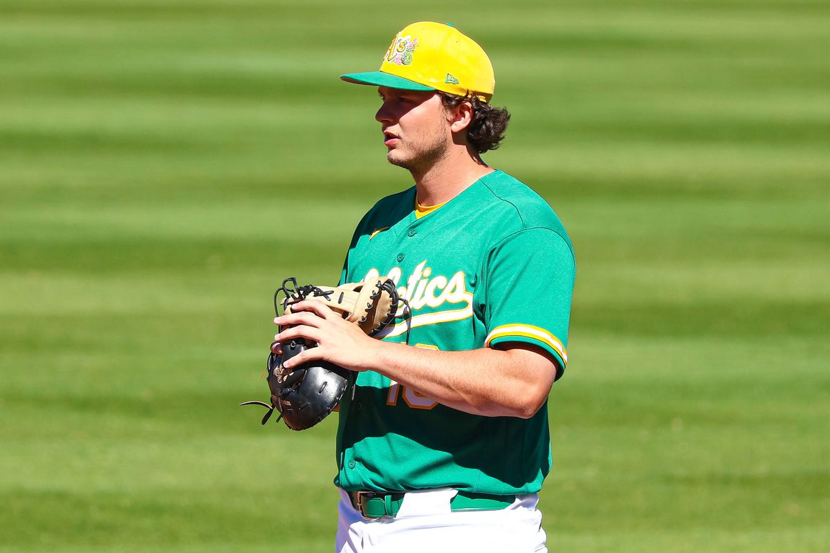 Athletics 1B Nick Kurtz (16) starts at first base against the Los Angeles Angels on Sunday March 8, 2026, in Las Vegas, Nevada. Athletics 1B Nick Kurtz (16) starts at first base against the Los Angeles Angels on Sunday March 8, 2026, in Las Vegas, Nevada.