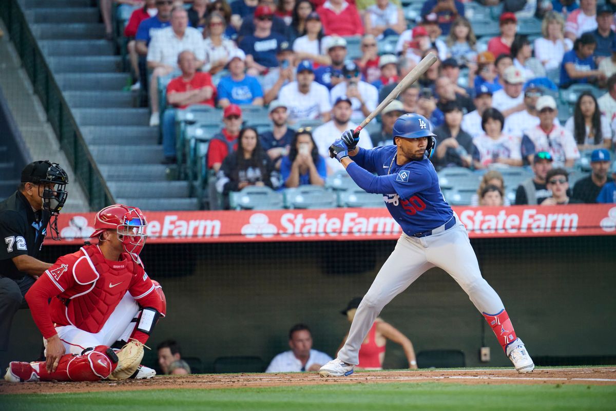 The Los Angeles Dodgers short stop Mookie Betts (50) at bat during a Spring Training Game against The Los Angeles Angels, March 22nd, 2026 in Anaheim, California. The Los Angeles Dodgers short stop Mookie Betts (50) at bat during a Spring Training Game against The Los Angeles Angels, March 22nd, 2026 in Anaheim, California.