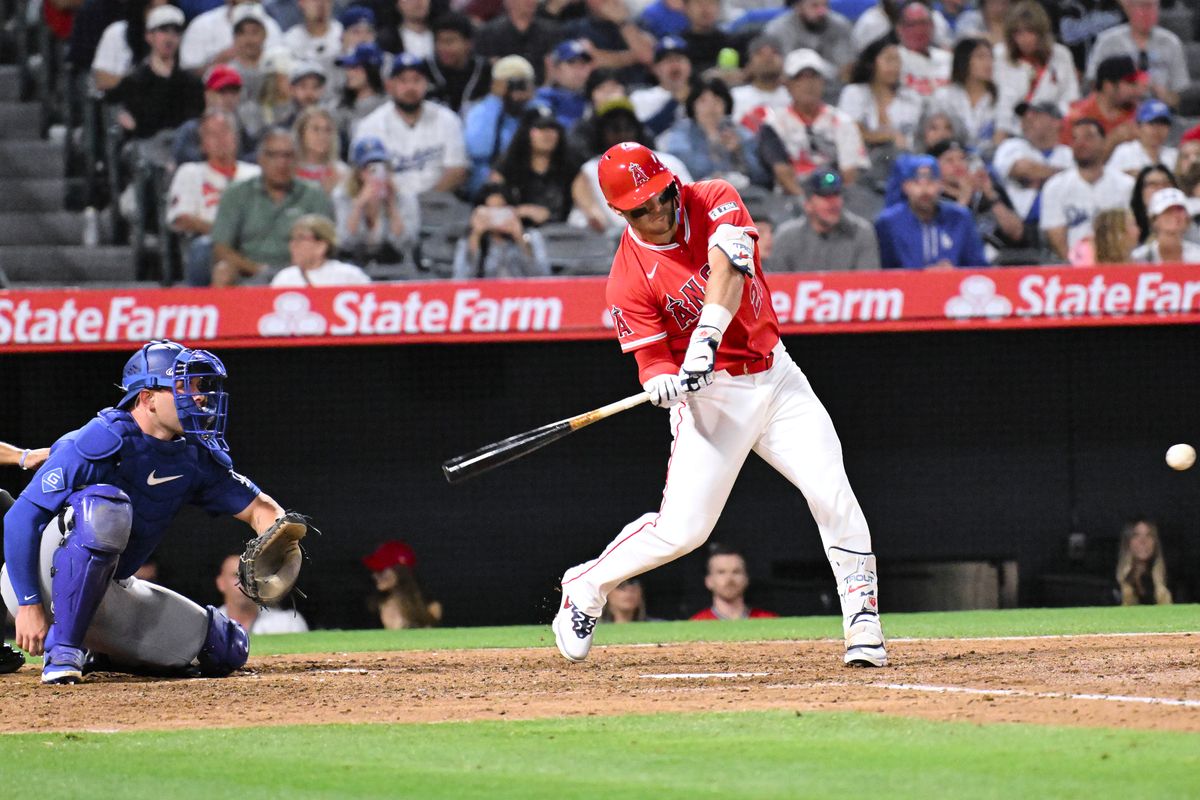 The Los Angeles Angels center fielder Mike Trout (27) at bat during a Spring Training Game against The Los Angeles Dodgers, March 22nd, 2026 in Anaheim, California. The Los Angeles Angels center fielder Mike Trout (27) at bat during a Spring Training Game against The Los Angeles Dodgers, March 22nd, 2026 in Anaheim, California.