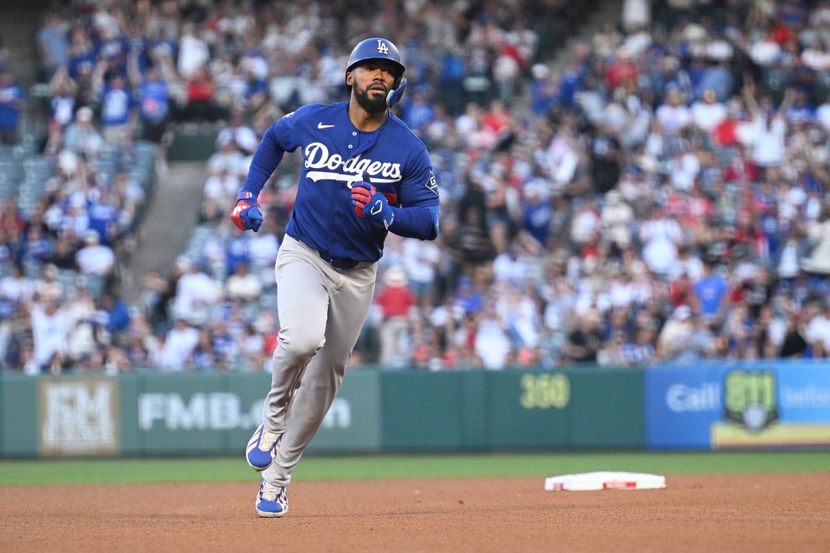The Los Angeles Dodgers left fielder Teoscar Hernández (37) hits a home run during a Spring Training Game against The Los Angeles Angels, March 22nd, 2026 in Anaheim, California. The Los Angeles Dodgers left fielder Teoscar Hernández (37) hits a home run during a Spring Training Game against The Los Angeles Angels, March 22nd, 2026 in Anaheim, California.