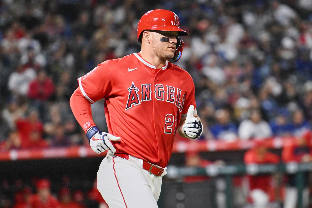 The Los Angeles Angels center fielder Mike Trout (27) hits a single during a Spring Training Game against The Los Angeles Dodgers, March 22nd, 2026 in Anaheim, California. The Los Angeles Angels center fielder Mike Trout (27) hits a single during a Spring Training Game against The Los Angeles Dodgers, March 22nd, 2026 in Anaheim, California.