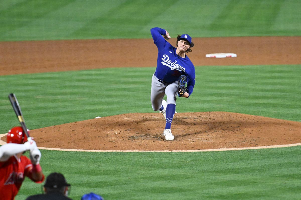 The Los Angeles Dodgers pitcher Tyler Glasnow (31) pitches during a Spring Training Game against The Los Angeles Angels, March 22nd, 2026 in Anaheim, California. The Los Angeles Dodgers pitcher Tyler Glasnow (31) pitches during a Spring Training Game against The Los Angeles Angels, March 22nd, 2026 in Anaheim, California.
