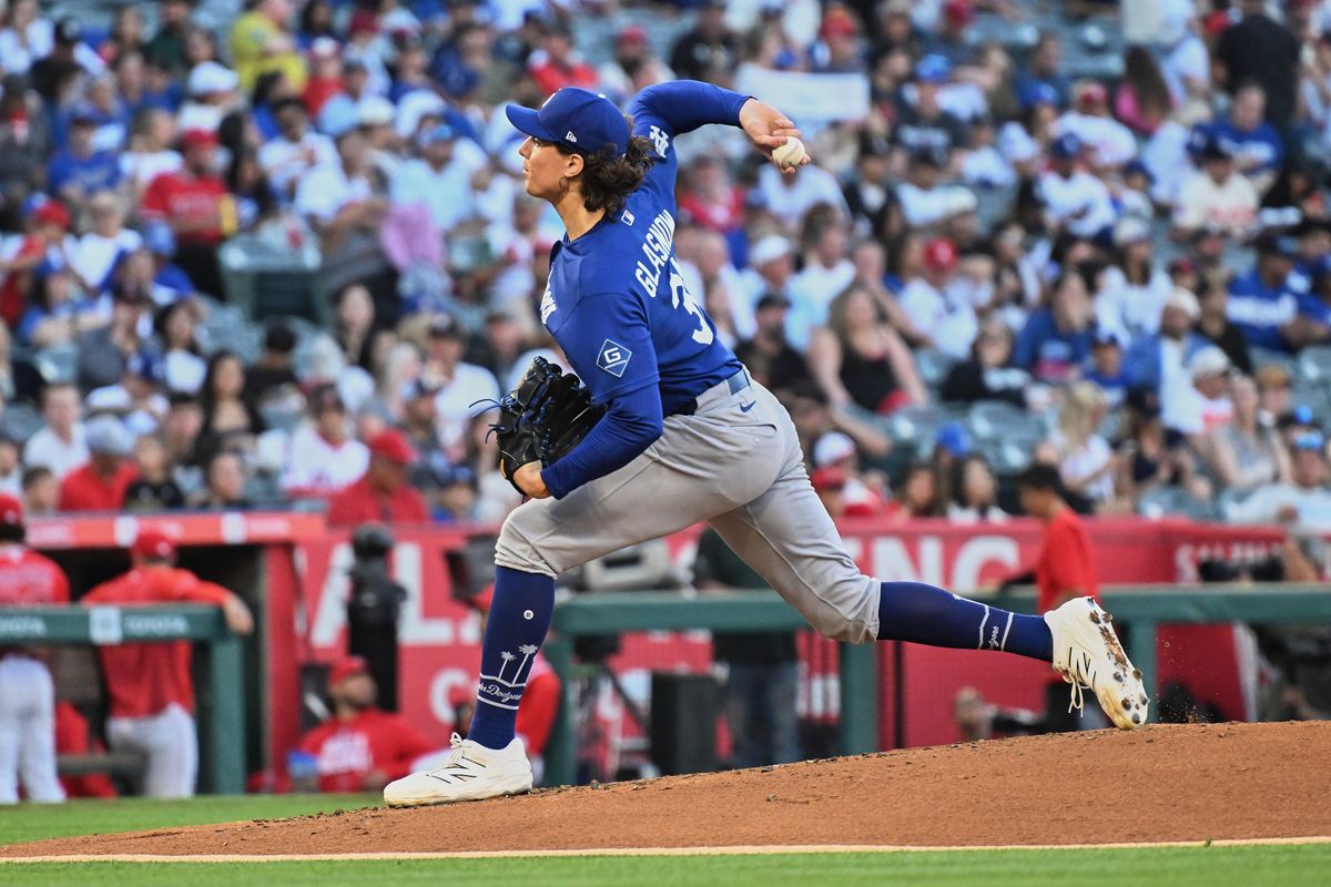 The Los Angeles Dodgers pitcher Tyler Glasnow (31) pitches during a Spring Training Game against The Los Angeles Angels, March 22nd, 2026 in Anaheim, California. The Los Angeles Dodgers pitcher Tyler Glasnow (31) pitches during a Spring Training Game against The Los Angeles Angels, March 22nd, 2026 in Anaheim, California.