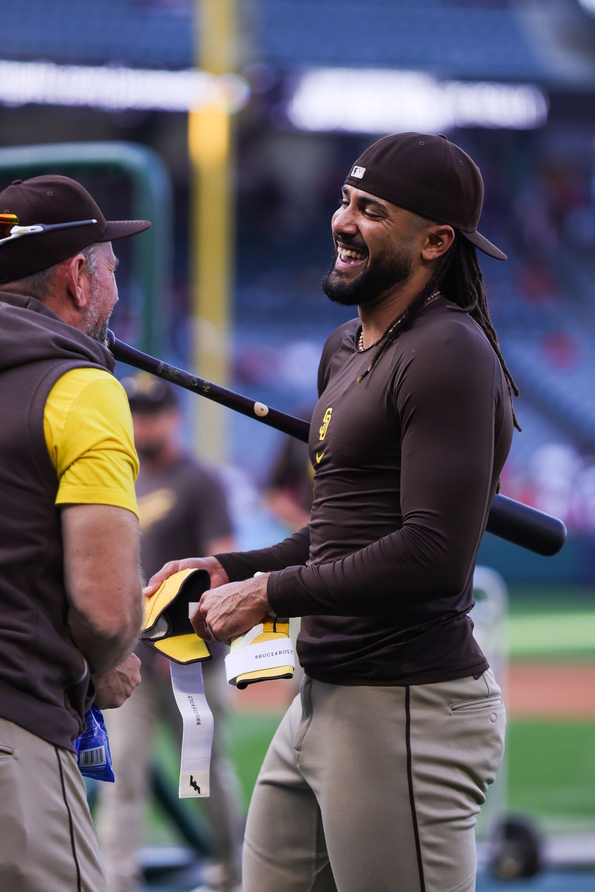 San Diego Padres outfielder Fernando Tatis Jr. (23) smiles before the MLB game against the Los Angeles Angels Friday April 17th, 2026 at Angel's Stadium in Anaheim, Calif. San Diego Padres outfielder Fernando Tatis Jr. (23) smiles before the MLB game against the Los Angeles Angels Friday April 17th, 2026 at Angel's Stadium in Anaheim, Calif.