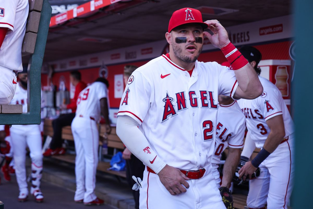Los Angeles Angels outfielder Mike Trout (27) in the dugout during the MLB game against the San Diego Padres Friday April 17th, 2026 at Angel's Stadium in Anaheim, Calif. Los Angeles Angels outfielder Mike Trout (27) in the dugout during the MLB game against the San Diego Padres Friday April 17th, 2026 at Angel's Stadium in Anaheim, Calif.