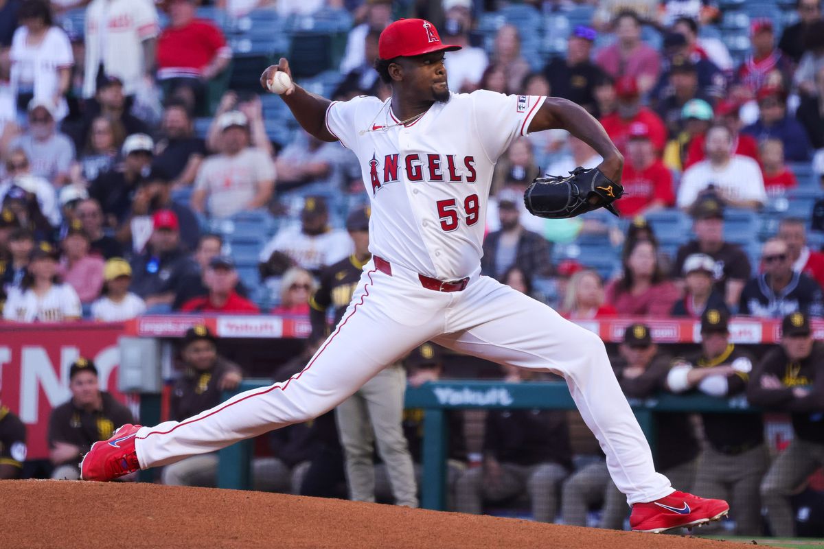 Los Angeles Angels right handed pitcher José Soriano (59) pitches during the MLB game against the San Diego Padres Friday April 17th, 2026 at Angel's Stadium in Anaheim, Calif. Los Angeles Angels right handed pitcher José Soriano (59) pitches during the MLB game against the San Diego Padres Friday April 17th, 2026 at Angel's Stadium in Anaheim, Calif.