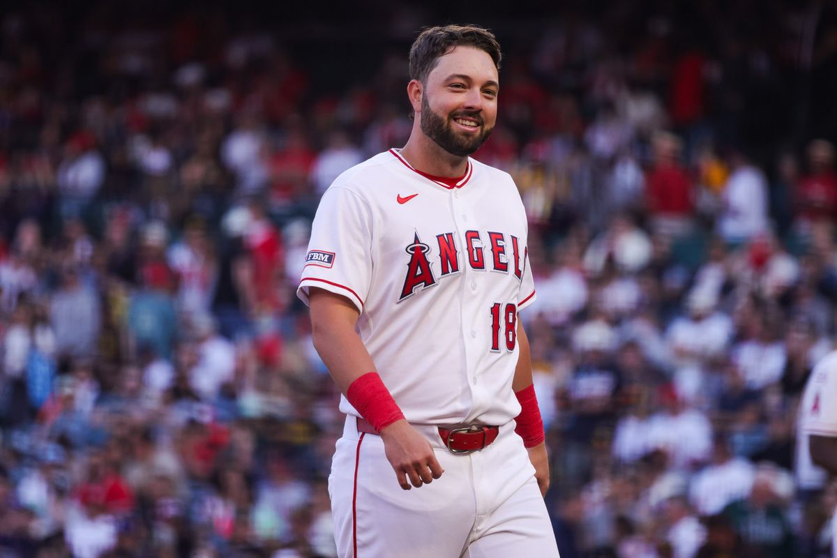 Los Angeles Angels infielder Nolan Schanuel (18) smiles during the MLB game against the San Diego Padres Friday April 17th, 2026 at Angel's Stadium in Anaheim, Calif. Los Angeles Angels infielder Nolan Schanuel (18) smiles during the MLB game against the San Diego Padres Friday April 17th, 2026 at Angel's Stadium in Anaheim, Calif.