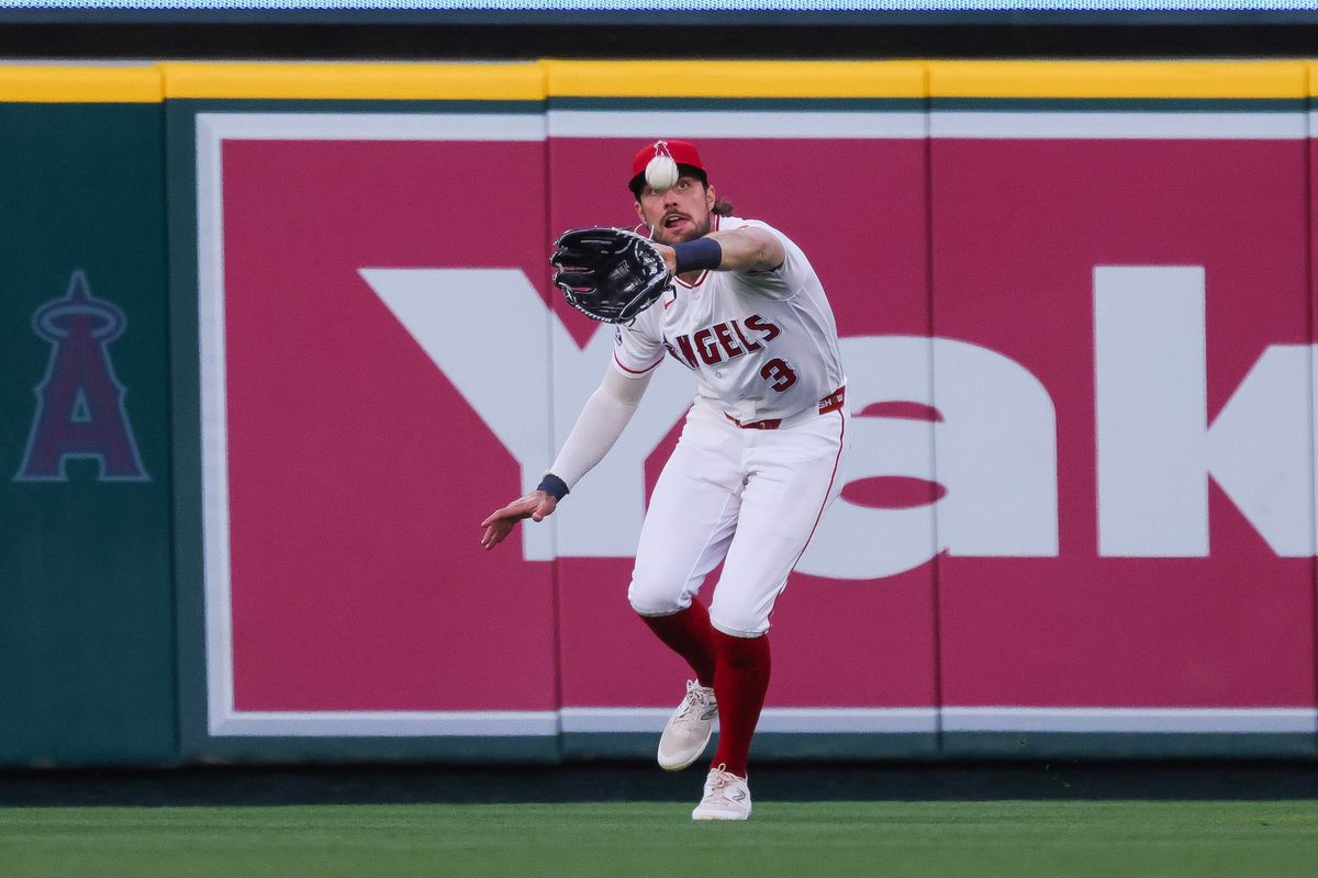 Los Angeles Angels outfielder Josh Lowe (3) catches the ball during the MLB game against the San Diego Padres Friday April 17th, 2026 at Angel's Stadium in Anaheim, Calif. Los Angeles Angels outfielder Josh Lowe (3) catches the ball during the MLB game against the San Diego Padres Friday April 17th, 2026 at Angel's Stadium in Anaheim, Calif.
