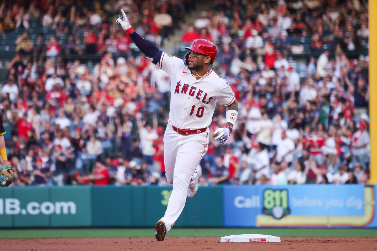 Los Angeles Angels infielder Yoán Moncada (10) celebrates during the MLB game against the San Diego Padres Friday April 17th, 2026 at Angel's Stadium in Anaheim, Calif. Los Angeles Angels infielder Yoán Moncada (10) celebrates during the MLB game against the San Diego Padres Friday April 17th, 2026 at Angel's Stadium in Anaheim, Calif.