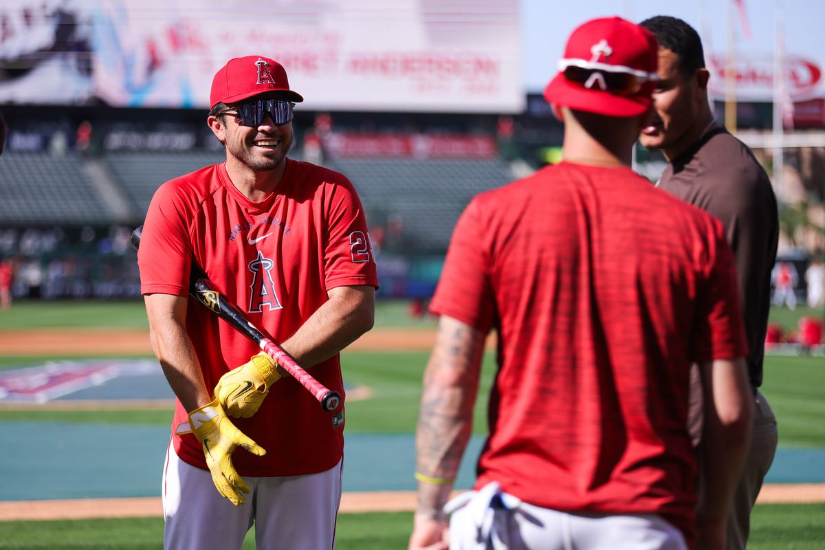 Los Angeles Angels catcher Travis d'Arnaud (25) smiles before the MLB game against the San Diego Padres Friday April 17th, 2026 at Angel's Stadium in Anaheim, Calif. Los Angeles Angels catcher Travis d'Arnaud (25) smiles before the MLB game against the San Diego Padres Friday April 17th, 2026 at Angel's Stadium in Anaheim, Calif.