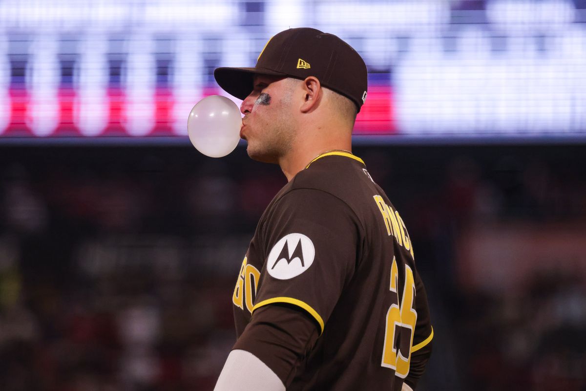 San Diego Padres infielder Ty France (25) blows bubblegum during the MLB game against the Los Angeles Angels Friday April 17th, 2026 at Angel's Stadium in Anaheim, Calif. San Diego Padres infielder Ty France (25) blows bubblegum during the MLB game against the Los Angeles Angels Friday April 17th, 2026 at Angel's Stadium in Anaheim, Calif.