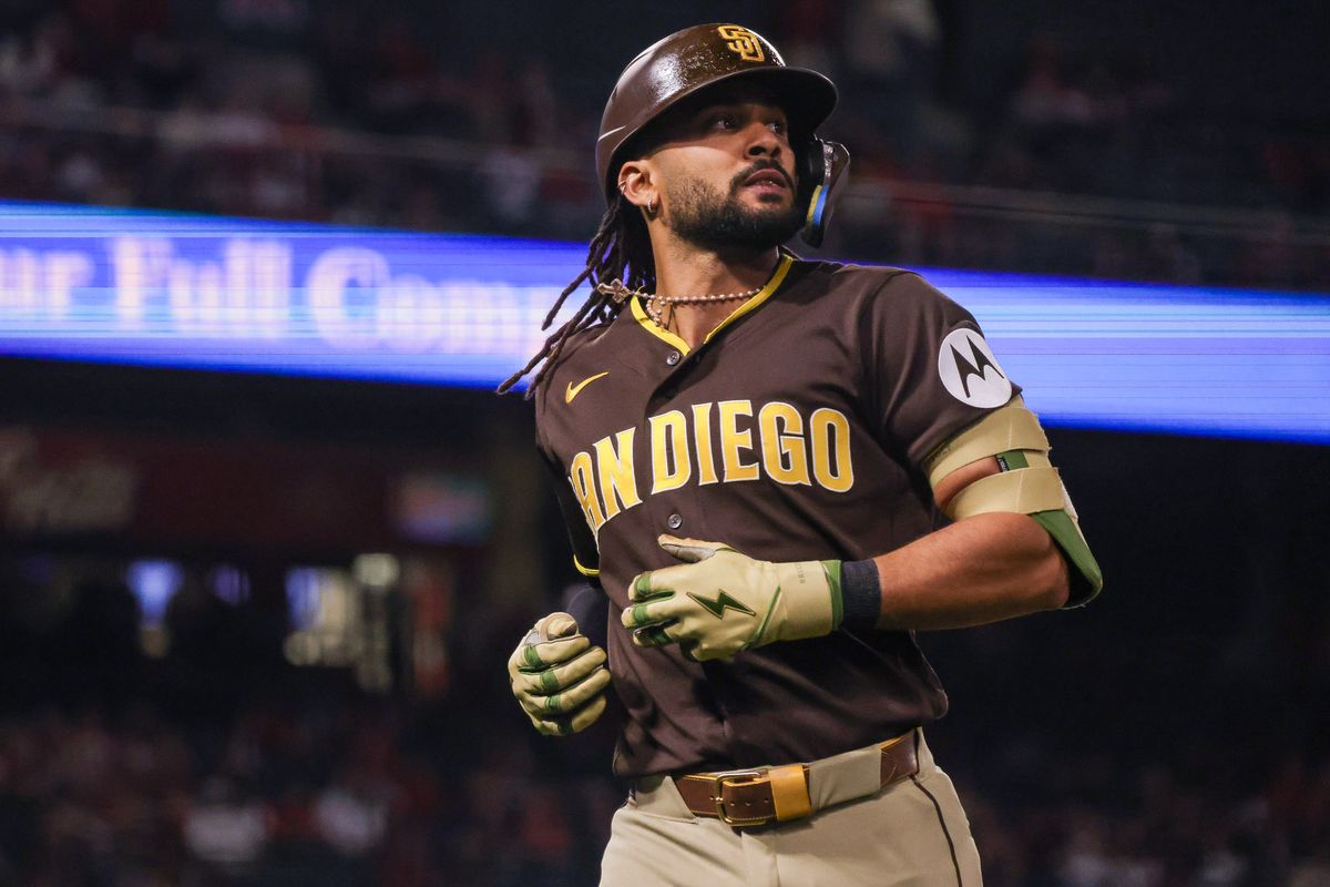 San Diego Padres outfielder Fernando Tatis Jr. (23) runs during the MLB game against the Los Angeles Angels Friday April 17th, 2026 at Angel's Stadium in Anaheim, Calif. San Diego Padres outfielder Fernando Tatis Jr. (23) runs during the MLB game against the Los Angeles Angels Friday April 17th, 2026 at Angel's Stadium in Anaheim, Calif.