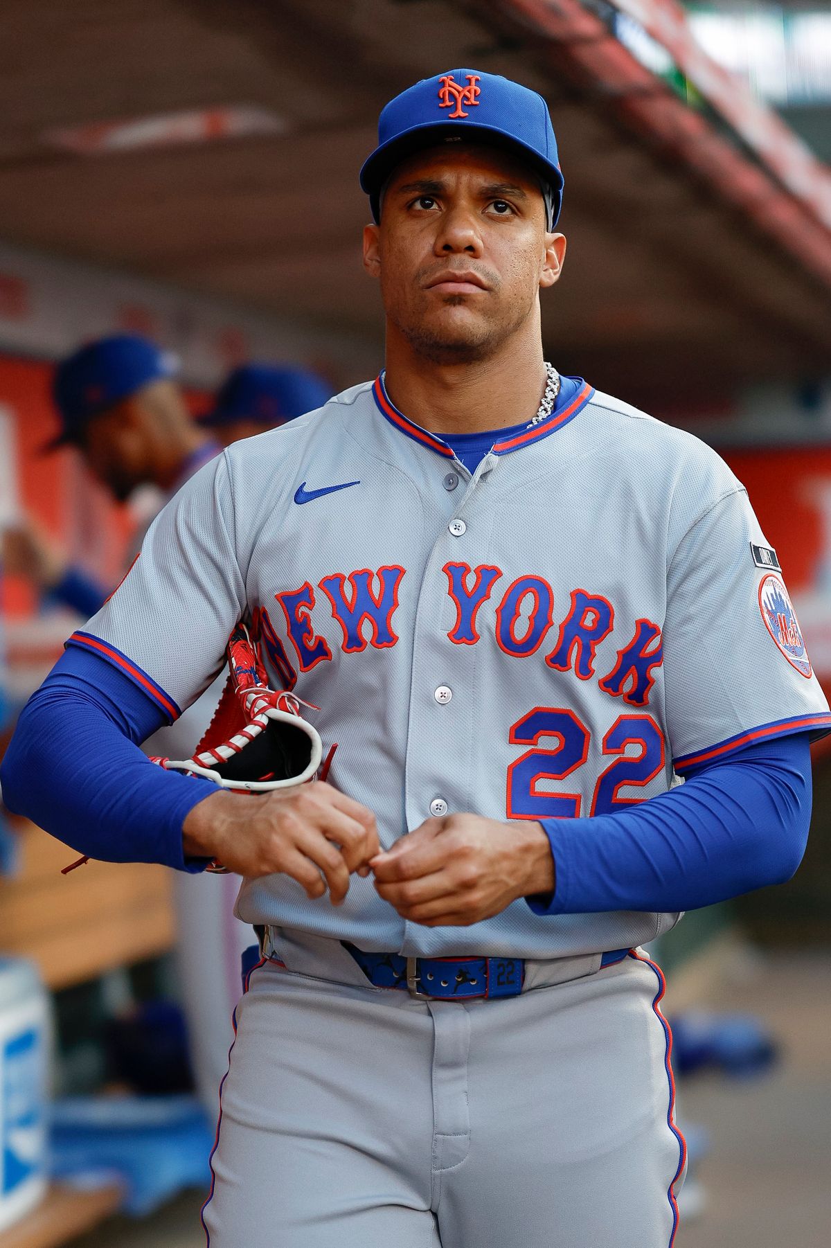 Juan Soto #22 of the New York Mets walks through the dugout prior to a game against the Los Angeles Angels at Angel Stadium on May 1, 2026, in Anaheim, California. Juan Soto #22 of the New York Mets walks through the dugout prior to a game against the Los Angeles Angels at Angel Stadium on May 1, 2026, in Anaheim, California.