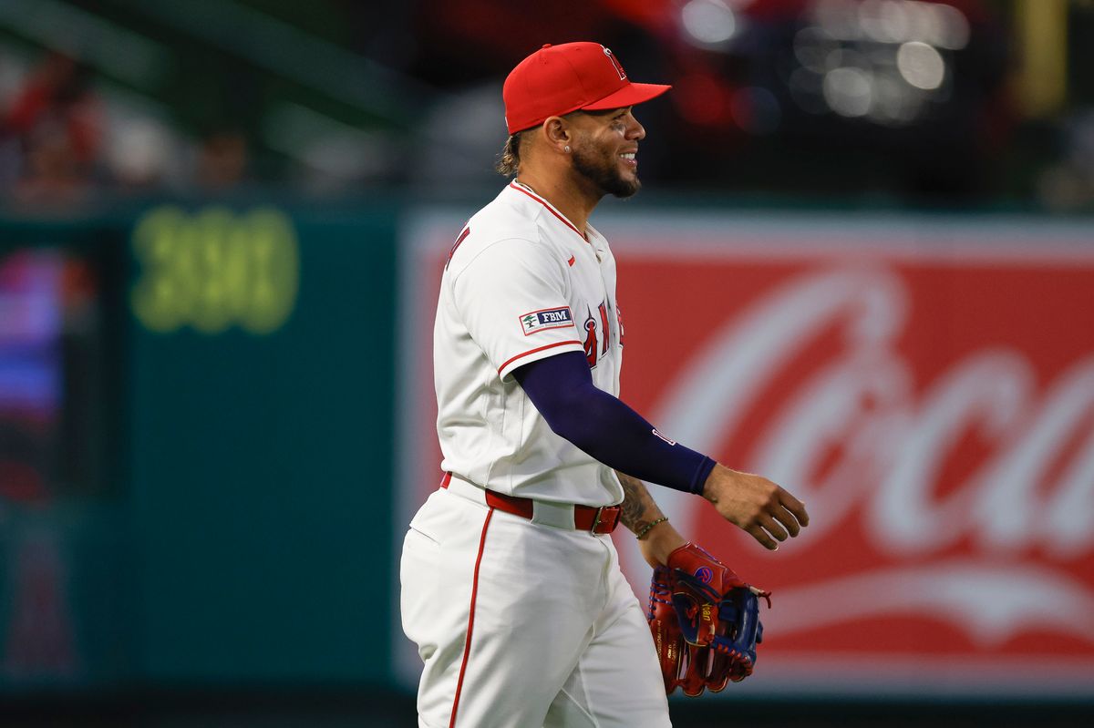 Yoan Moncada #10 of the Los Angeles Angels smiles in a game against the New York Mets at Angel Stadium on May 1, 2026, in Anaheim, California. Yoan Moncada #10 of the Los Angeles Angels smiles in a game against the New York Mets at Angel Stadium on May 1, 2026, in Anaheim, California.