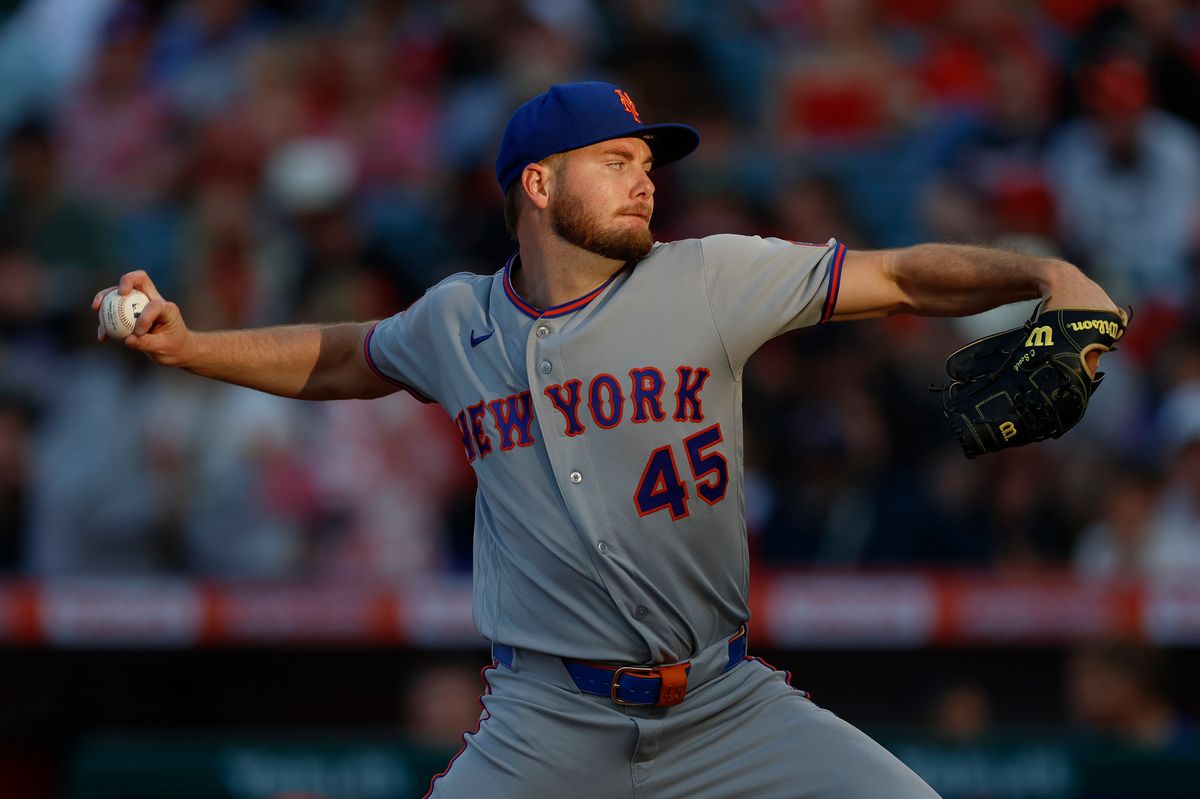 Christian Scott #45 of the New York Mets throws a pitch against the Los Angeles Angels at Angel Stadium on May 1, 2026, in Anaheim, California. Christian Scott #45 of the New York Mets throws a pitch against the Los Angeles Angels at Angel Stadium on May 1, 2026, in Anaheim, California.