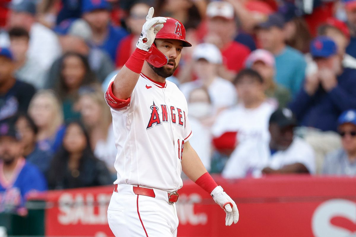 Nolan Schanuel #18 of the Los Angeles Angels celebrates against the New York Mets at Angel Stadium on May 2, 2026, in Anaheim, California. Nolan Schanuel #18 of the Los Angeles Angels celebrates against the New York Mets at Angel Stadium on May 2, 2026, in Anaheim, California.