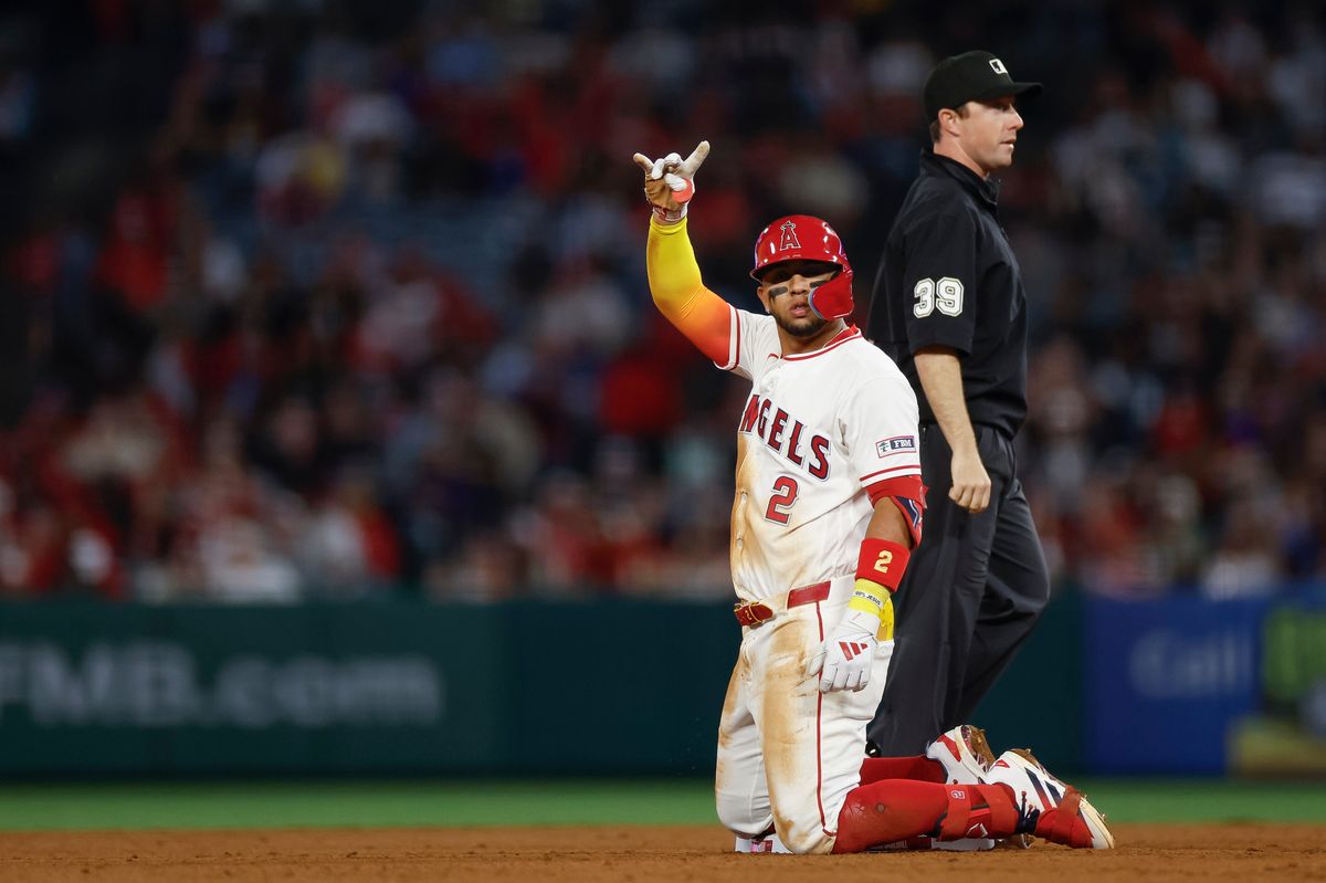 Oswald Peraza #2 of the Los Angeles Angels celebrates a double against the New York Mets at Angel Stadium on May 2, 2026, in Anaheim, California. Oswald Peraza #2 of the Los Angeles Angels celebrates a double against the New York Mets at Angel Stadium on May 2, 2026, in Anaheim, California.