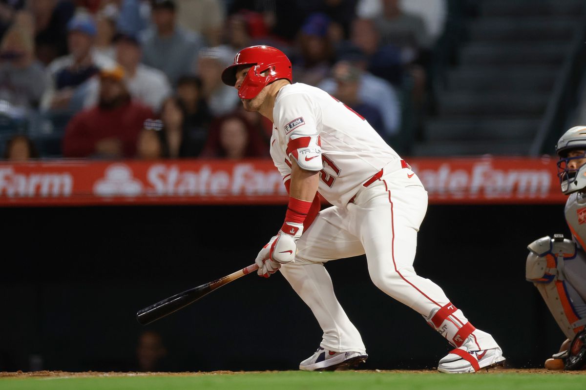 Mike Trout #27 of the Los Angeles Angels hits a single against the New York Mets at Angel Stadium on May 2, 2026, in Anaheim, California. Mike Trout #27 of the Los Angeles Angels hits a single against the New York Mets at Angel Stadium on May 2, 2026, in Anaheim, California.