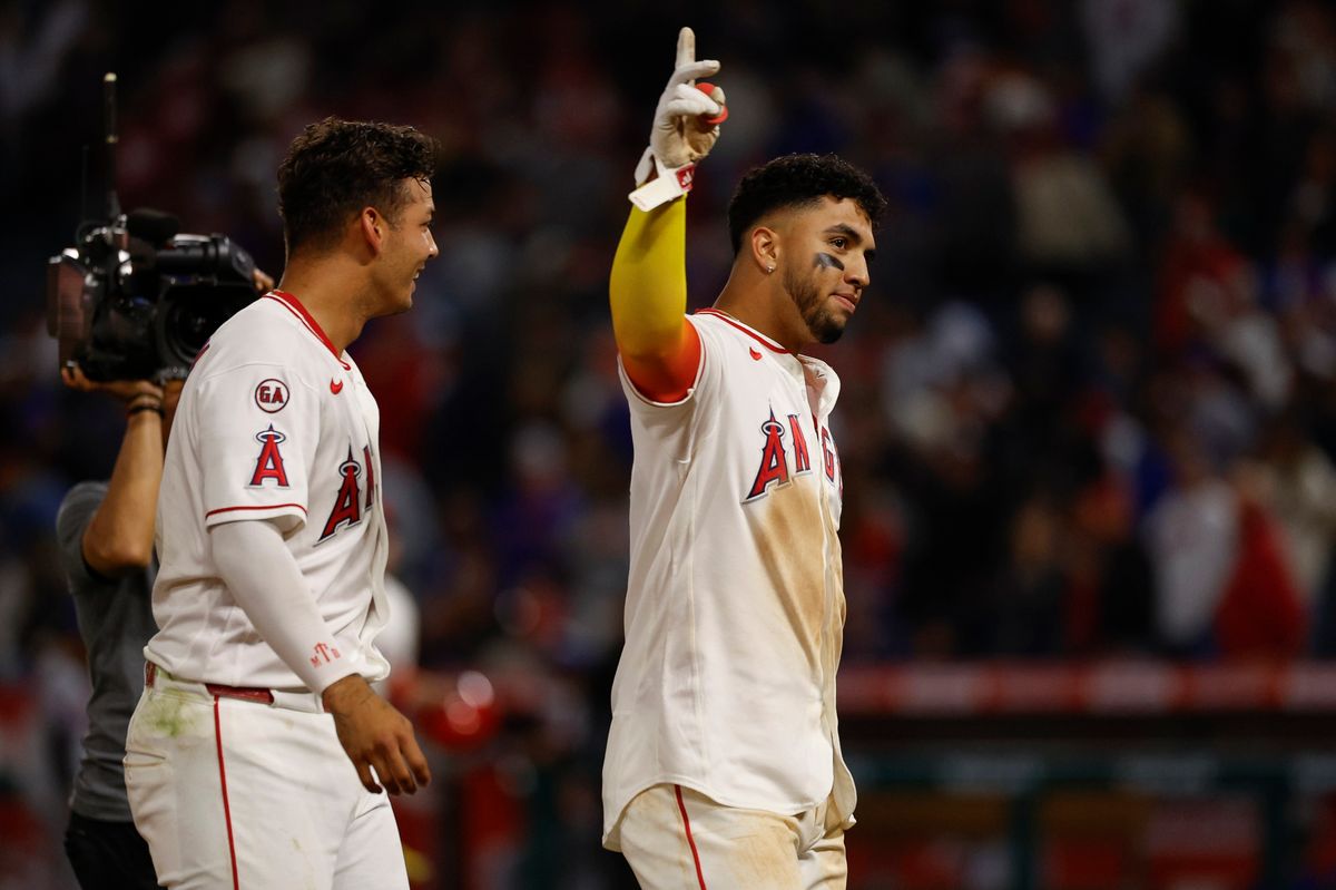 Oswald Peraza #2 of the Los Angeles Angels celebrates after hitting a walk off RBI single against the New York Mets at Angel Stadium on May 2, 2026, in Anaheim, California. Oswald Peraza #2 of the Los Angeles Angels celebrates after hitting a walk off RBI single against the New York Mets at Angel Stadium on May 2, 2026, in Anaheim, California.