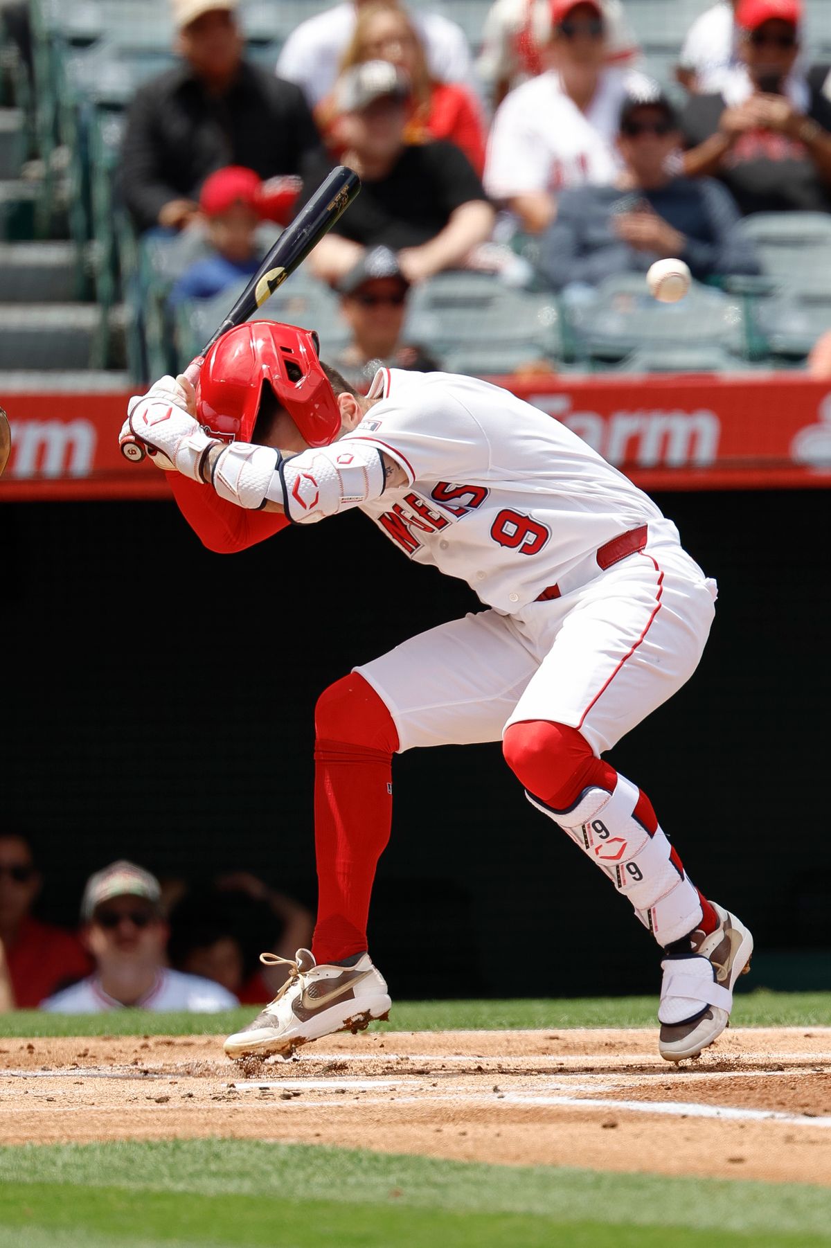 Zach Neto #9 of the Los Angeles Angels reacts to an inside pitch against the New York Mets at Angel Stadium on May 3, 2026, in Anaheim, California. Zach Neto #9 of the Los Angeles Angels reacts to an inside pitch against the New York Mets at Angel Stadium on May 3, 2026, in Anaheim, California.