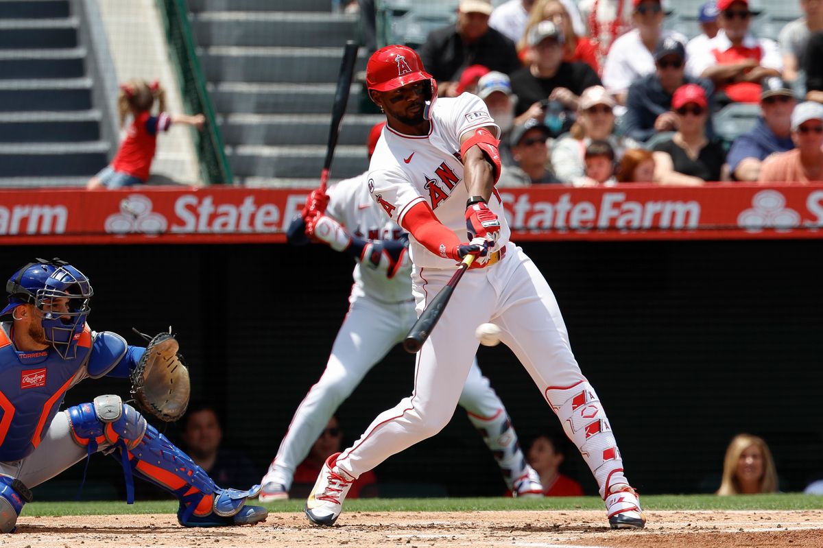 Jorge Soler #12 of the Los Angeles Angels hits an RBI single against the New York Mets at Angel Stadium on May 3, 2026, in Anaheim, California. Jorge Soler #12 of the Los Angeles Angels hits an RBI single against the New York Mets at Angel Stadium on May 3, 2026, in Anaheim, California.