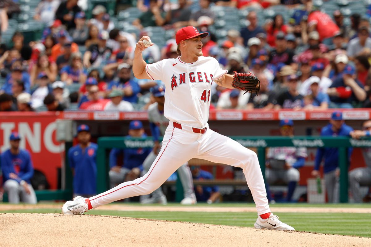 Jack Kochanowicz #41 of the Los Angeles Angels throws a pitch against the New York Mets at Angel Stadium on May 3, 2026, in Anaheim, California. Jack Kochanowicz #41 of the Los Angeles Angels throws a pitch against the New York Mets at Angel Stadium on May 3, 2026, in Anaheim, California.