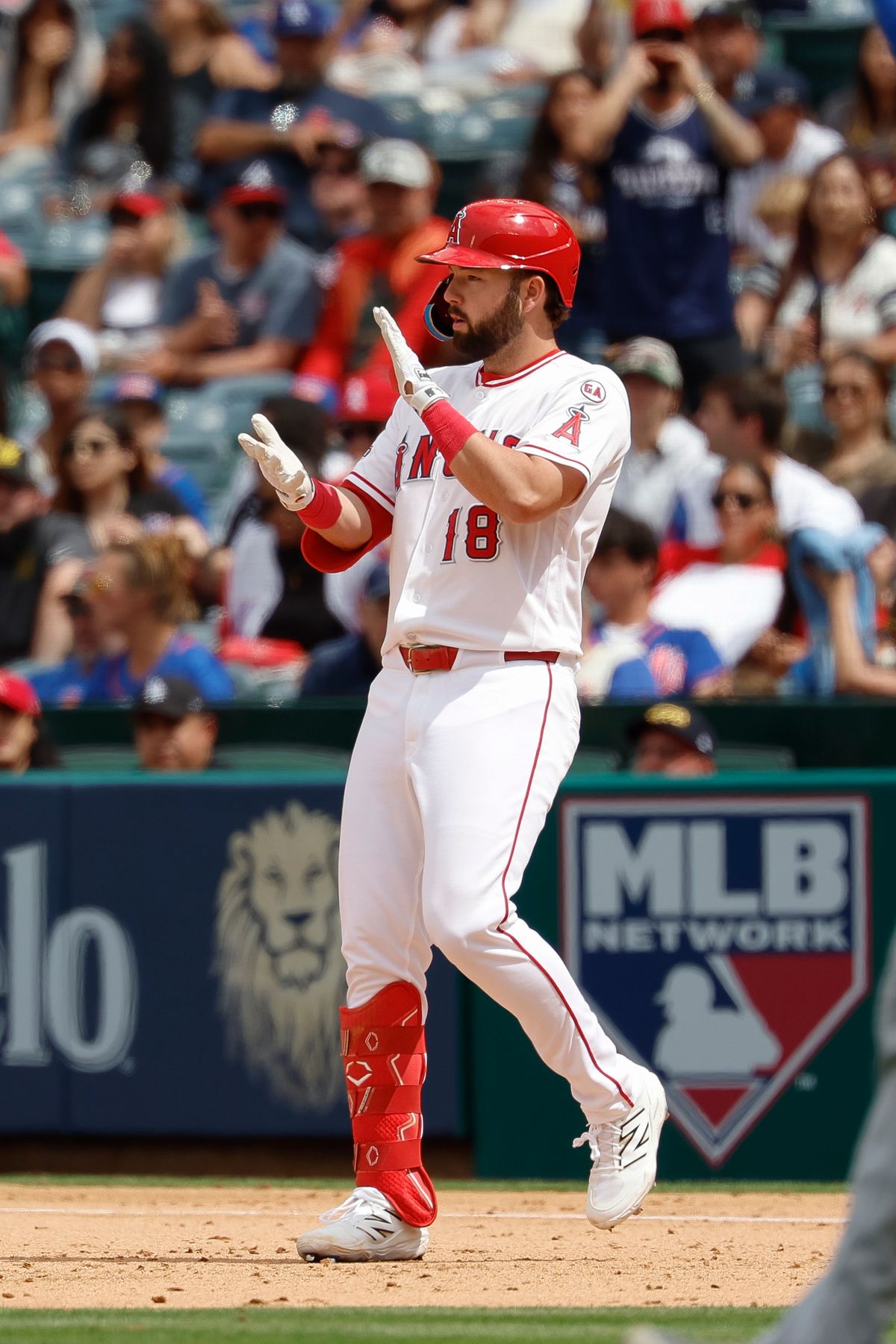 Nolan Schanuel #18 of the Los Angeles Angels celebrates a single against the New York Mets at Angel Stadium on May 3, 2026, in Anaheim, California. Nolan Schanuel #18 of the Los Angeles Angels celebrates a single against the New York Mets at Angel Stadium on May 3, 2026, in Anaheim, California.